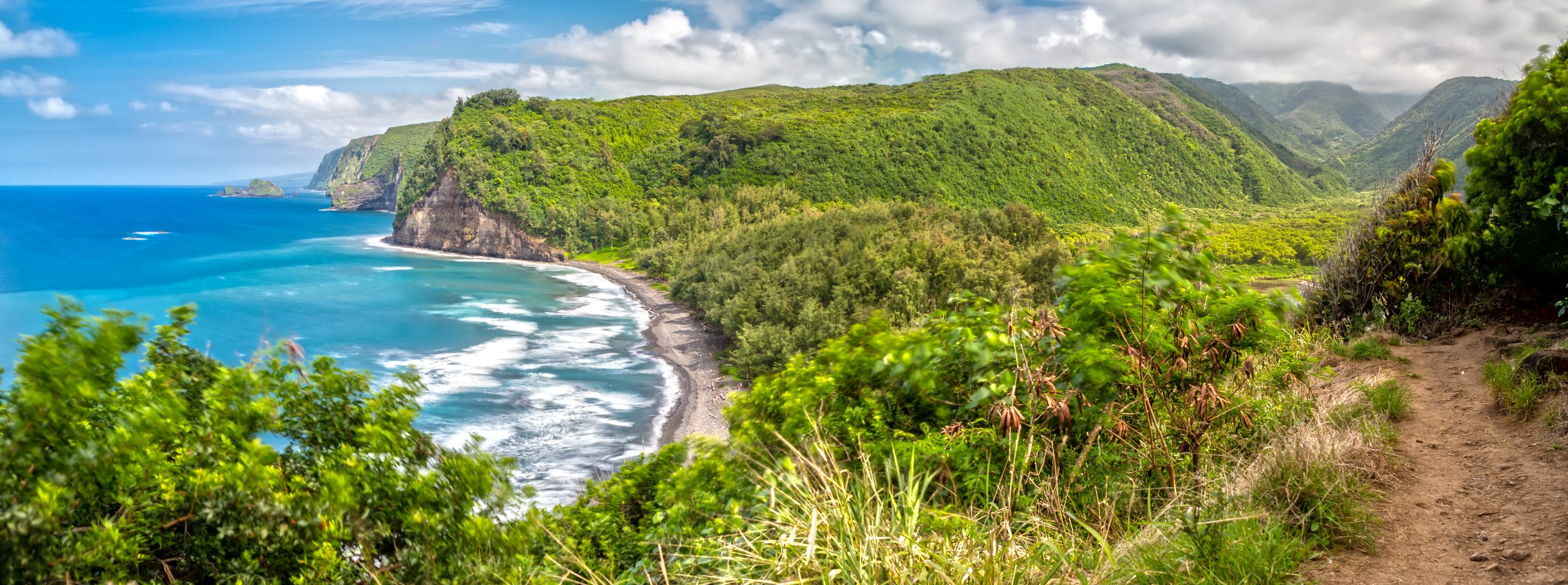 Hawaii's Kohala Coast with turquoise waters, golden sandy beaches, and lush greenery under a clear blue sky.
