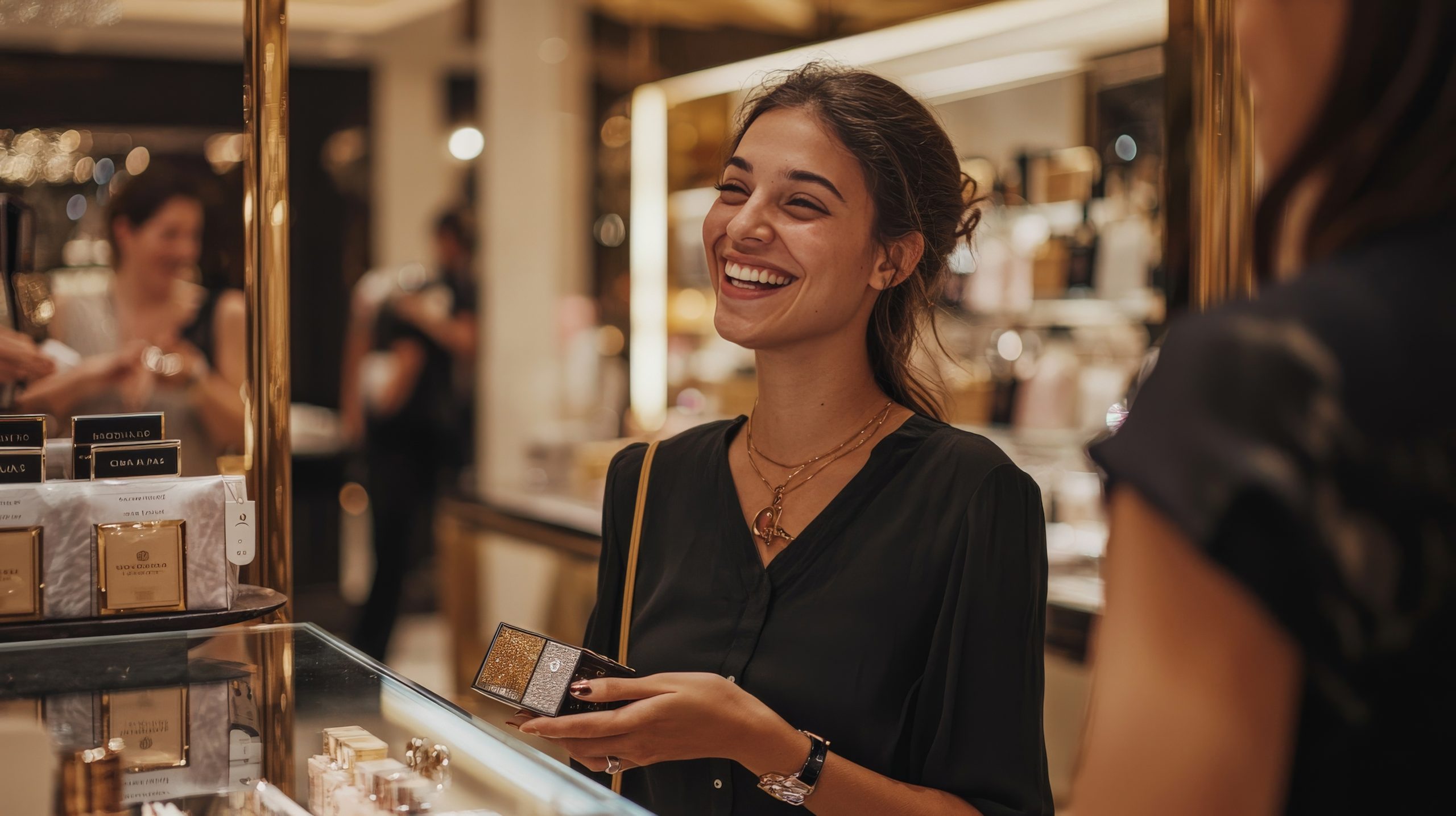 A smiling woman attending a store event, showcasing customer loyalty as a long-term patron.