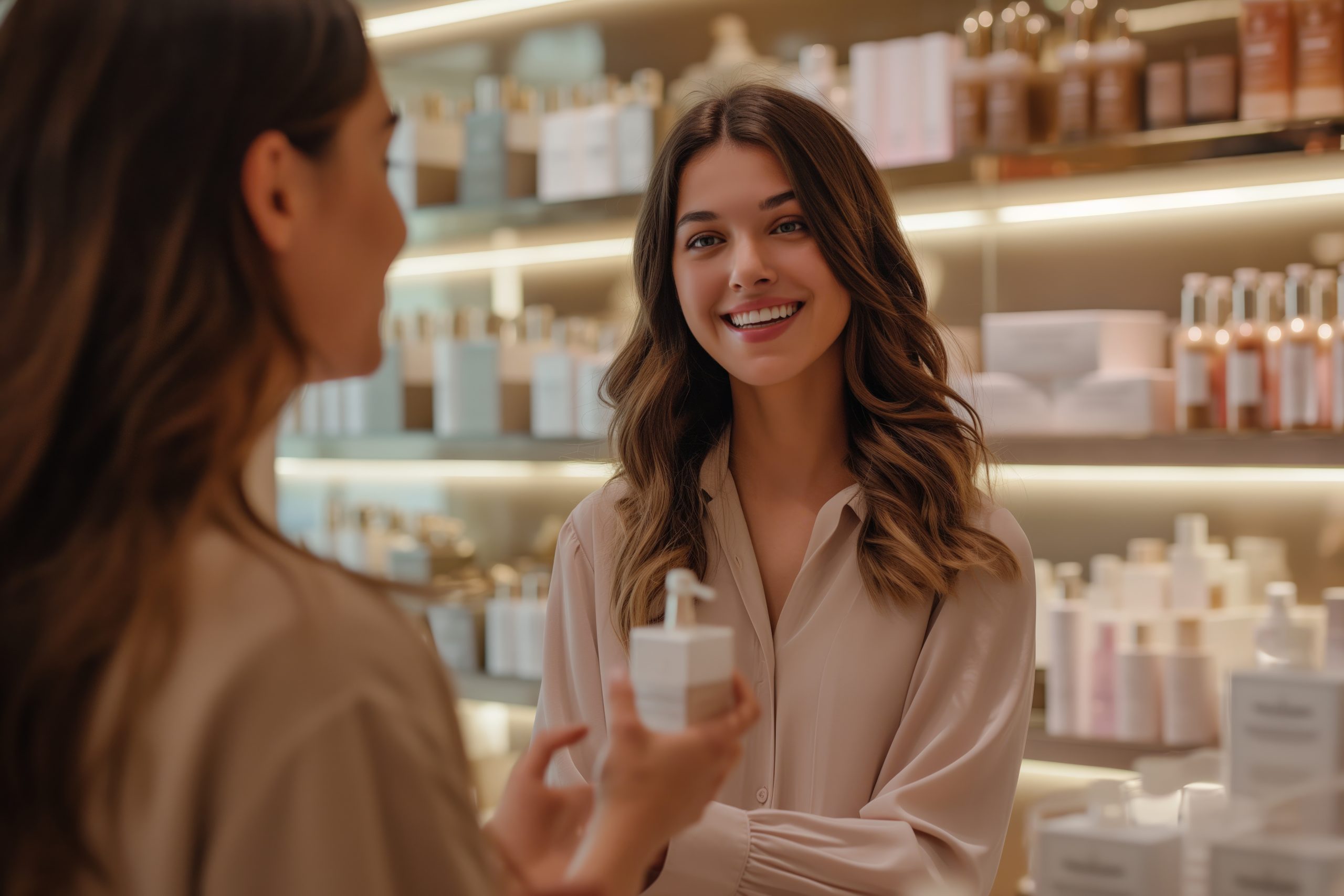 Happy young woman checking and holding skincare product in a modern cosmetics store. Upsell sales moment